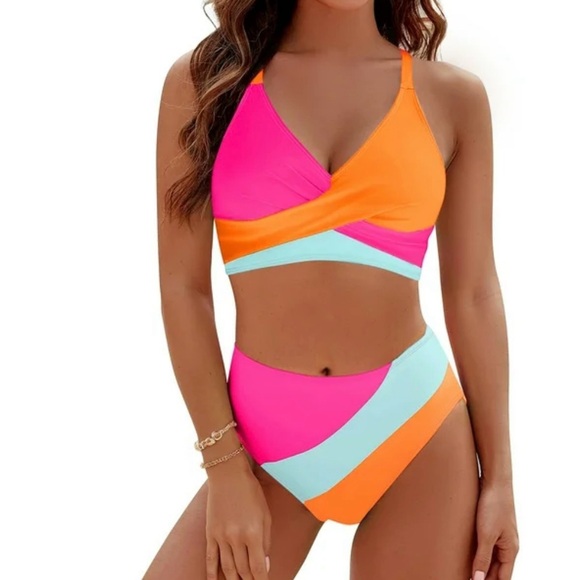 Rosvigor Multicolor High-Waisted 2 Piece Bikini Women's Size Large NEW - Picture 1 of 6